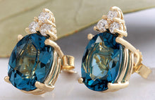 Load image into Gallery viewer, Exquisite 4.80 Carats Natural London Blue Topaz and Diamond 14K Solid Yellow Gold Stud Earrings
