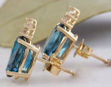 Load image into Gallery viewer, Exquisite 4.80 Carats Natural London Blue Topaz and Diamond 14K Solid Yellow Gold Stud Earrings
