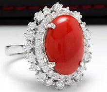 Load image into Gallery viewer, 8.00 Carats Impressive Coral and Diamond 14K White Gold Ring