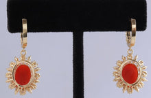 Load image into Gallery viewer, Exquisite 8.40 Carats Natural Red Coral and Diamond 14K Solid Yellow Gold Earrings