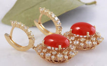 Load image into Gallery viewer, Exquisite 8.40 Carats Natural Red Coral and Diamond 14K Solid Yellow Gold Earrings