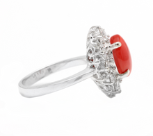 Load image into Gallery viewer, 3.30 Carats Impressive Coral and Diamond 14K White Gold Ring