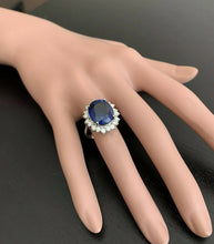 Load image into Gallery viewer, 12.05 Carats Lab Created Ceylon Blue Sapphire and Natural Diamond 14K Solid White Gold Ring