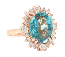 Load image into Gallery viewer, 7.80 Carats Natural Blue Zircon and Diamond 14k Solid Rose Gold Ring