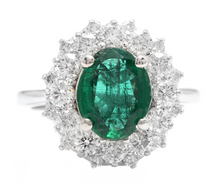 Load image into Gallery viewer, 4.10Ct Natural Emerald &amp; Diamond 18K Solid White Gold Ring