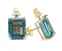 Load image into Gallery viewer, 8.14ct Natural London Blue Topaz and Diamond 14K Yellow Gold Earrings