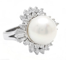 Load image into Gallery viewer, Splendid Natural 13mm Cultured Pearl and Diamond 14K Solid White Gold Ring
