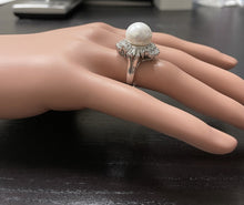 Load image into Gallery viewer, Splendid Natural 13mm Cultured Pearl and Diamond 14K Solid White Gold Ring