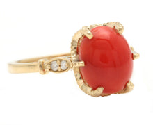 Load image into Gallery viewer, 2.58 Carats Natural Impressive Coral and Diamond 14K Solid Yellow Gold Ring
