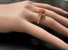 Load image into Gallery viewer, 2.58 Carats Natural Impressive Coral and Diamond 14K Solid Yellow Gold Ring