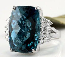 Load image into Gallery viewer, HUGE 33.40 Carats Natural Impressive London Blue Topaz and Diamond 14K White Gold Ring