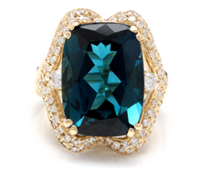 Load image into Gallery viewer, 19.10 Carats Natural Impressive London Blue Topaz and Diamond 14K Yellow Gold Ring