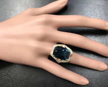 Load image into Gallery viewer, 19.10 Carats Natural Impressive London Blue Topaz and Diamond 14K Yellow Gold Ring