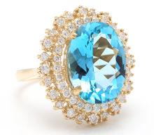 Load image into Gallery viewer, 12.40 Carats Natural Impressive Swiss Blue Topaz and Diamond 14K Yellow Gold Ring