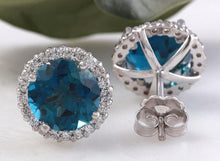 Load image into Gallery viewer, Exquisite 4.95 Carats Natural London Blue Topaz and Diamond 14K Solid White Gold Stud Earrings