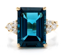 Load image into Gallery viewer, 9.85 Carats Natural Impressive London Blue Topaz and Diamond 14K Yellow Gold Ring